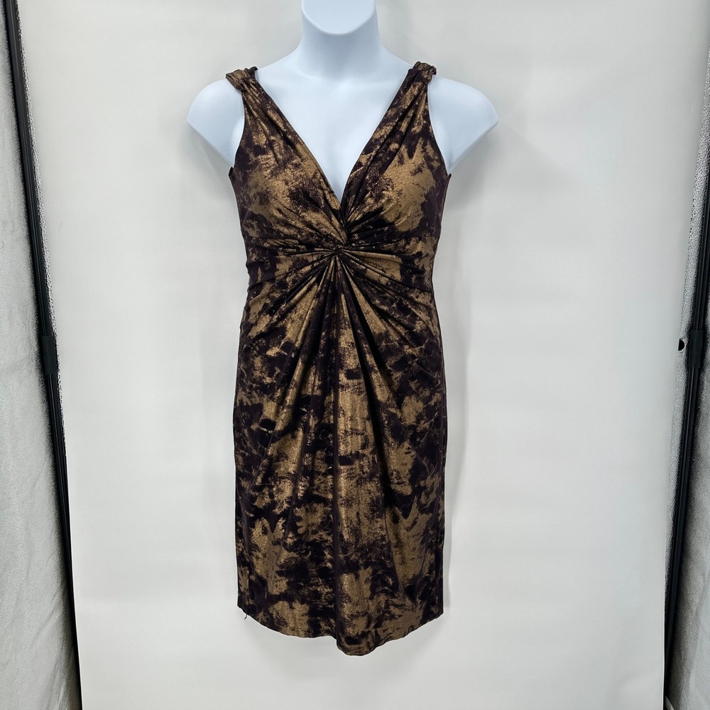 Maggy London Bronze Metallic Foil Dress size 8 V-Neck Twist Front Cocktail‎